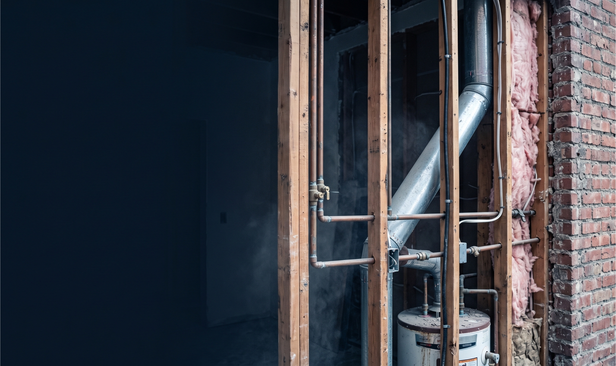 Energy audit guide for property owners — exposed wall cutaway revealing copper pipes, HVAC duct, water heater, and insulation hidden behind the walls.
