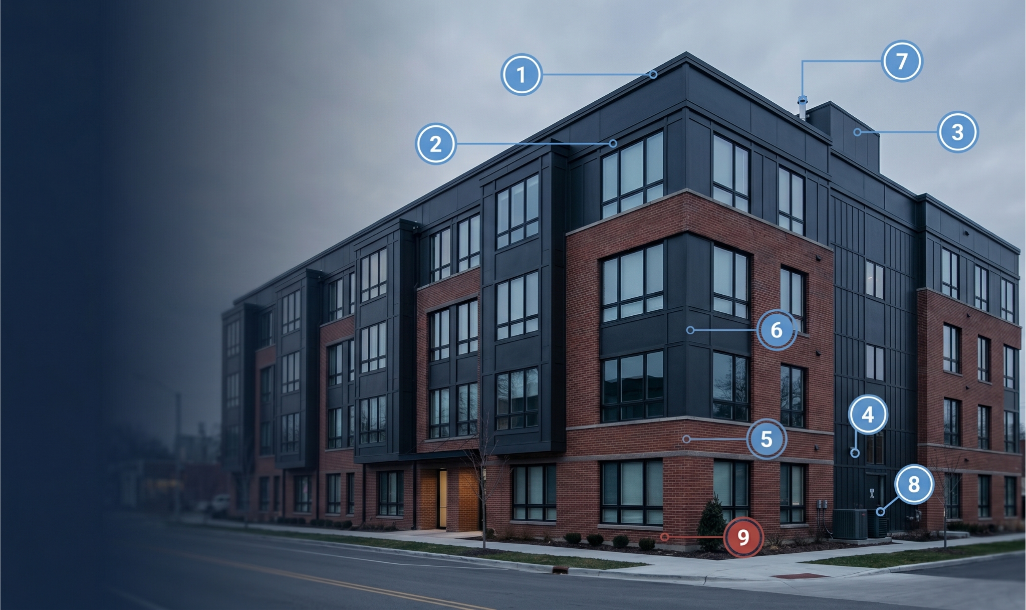 Real estate due diligence checklist for buyers — multifamily building exterior with nine numbered system evaluation markers, illustrating the $100K Blind Spot framework.